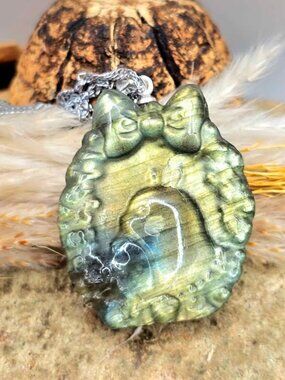 Nature Labradorite Flashy Totoro Portrait Pendant Necklace